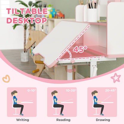 Adjustable Height Kids Desk and Chair Set, Kids Study Table and Chair with Tilt Desktop, Drawer, Reading Rack, Pink