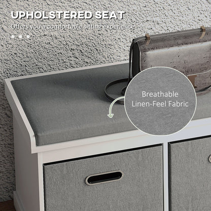 Shoe Storage Entryway Bench Seat with Cushion 2 Fabric Drawers for Hallway White