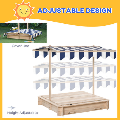 Wooden Sandbox for Kids with Adjustable Canopy and Convertible Bench, Outdoor Playset - Sand