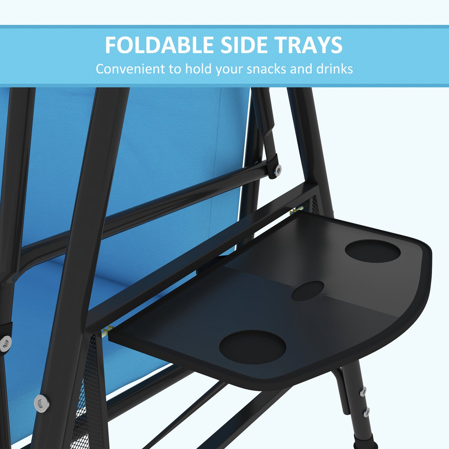 3-Seat Patio Swing with Adjustable Canopy & Side Tray, Outdoor Porch Swing, Removable Blue Cushion for Garden, Poolside Kids Crystal