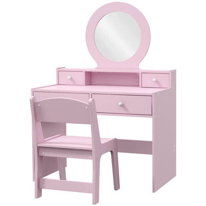 Kids Vanity Set, Children Makeup Table with Mirror, Stool and Storage Drawers, for Ages 3-8, Pink