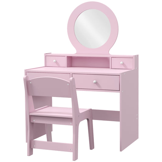 Kids Vanity Set, Children Makeup Table with Mirror, Stool and Storage Drawers, for Ages 3-8, Pink Kids Crystal