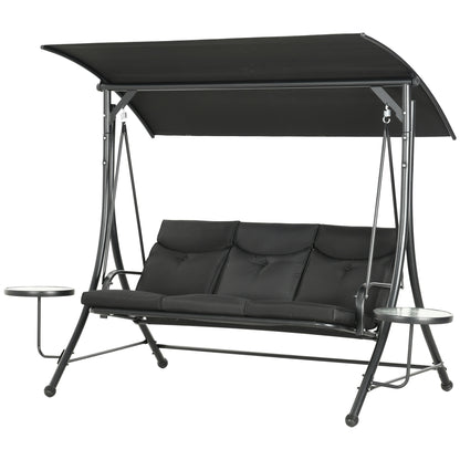 3 Seat Outdoor Swing Bench with Adjustable Canopy Coffee Table Cushions for Patio Garden Black