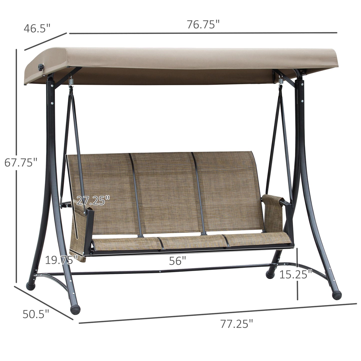3 Person Porch Swing Outdoor Swing Chair with High Back Design, Side Pouches and Adjustable Canopy, Brown Kids Crystal