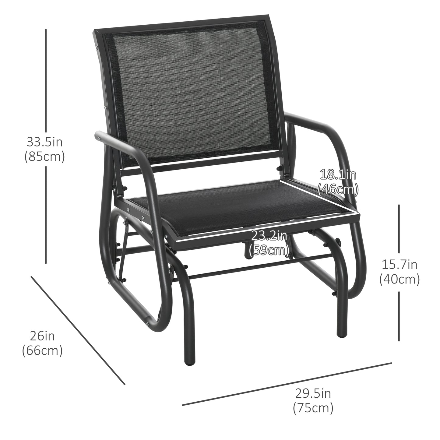 Outdoor Glider Swing Chair with Breathable Mesh Seat and Backrest Steel Frame Curved Rocking Arms Dark Grey and Black Kids Crystal