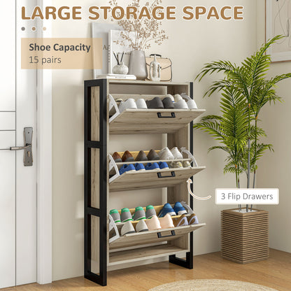 Shoe Cabinet with 3 Flip Drawer, Narrow Slim Shoe Storage Cabinet for 15 Pairs, Walnut