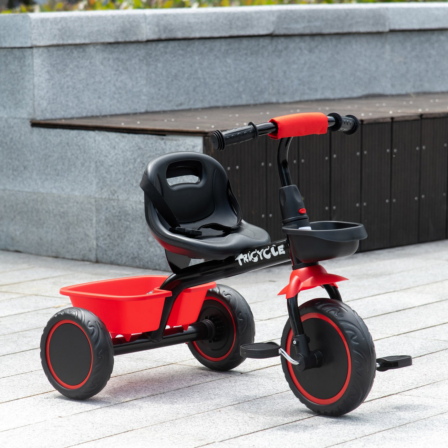 Kids Tricycle: Adjustable Seat 2-5 Years, Storage Baskets, for Girls/Boys in Red