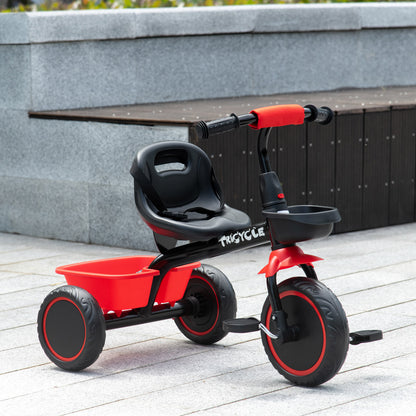 Kids Tricycle: Adjustable Seat 2-5 Years, Storage Baskets, for Girls/Boys in Red