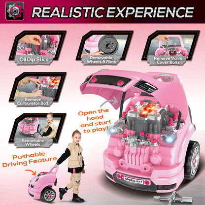 Kids Mechanic Truck Engine Repair Toy Set Car Service Pink Playset with Tools for Pretend Play