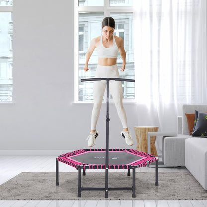 Hexagon Mini Trampoline 48" Adult Fitness Rebounder with Adjustable Handle Pink Cardio Trainer Outdoor Bouncer