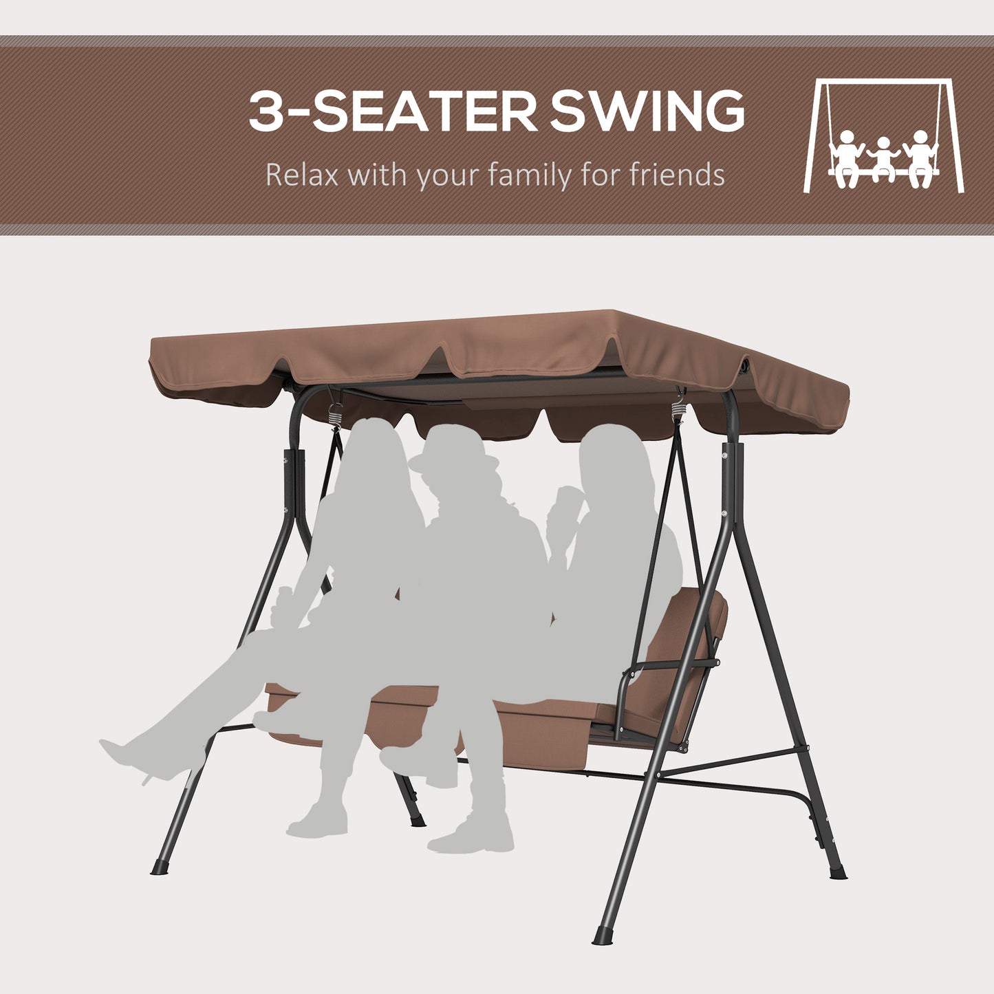 3-Seater Outdoor Porch Swing with Adjustable Canopy, Patio Swing Chair for Garden, Poolside, Backyard, Brown Kids Crystal