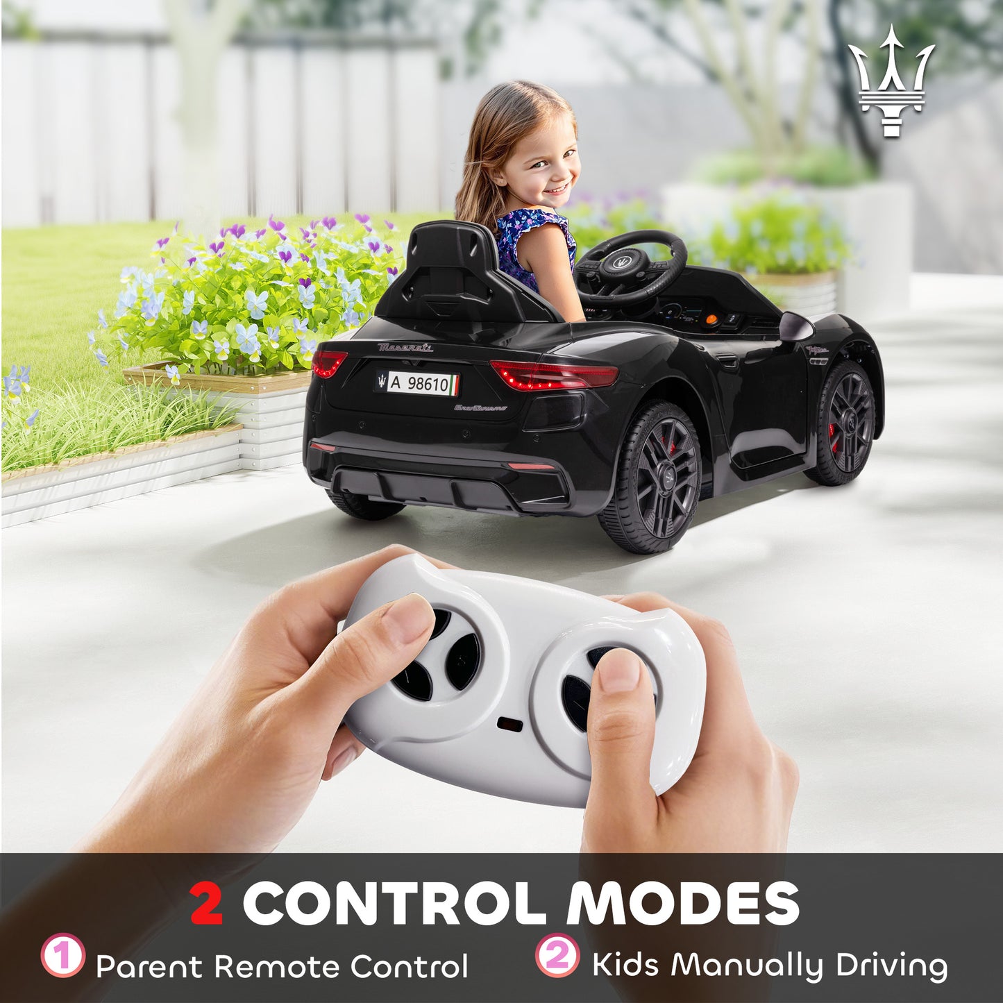 12V Maserati Gran Turismo Licensed Kids Electric Car w/ Remote Control, Soft Start, LED Lights, Music, Horn, MP3, Black Kids Crystal