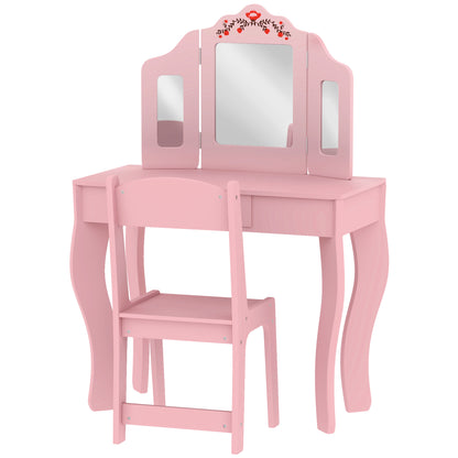 Kids Vanity Set, Dual-Use Dressing Table with Removable Tri-Folding Mirror and Drawer, for Ages 3-8, Pink