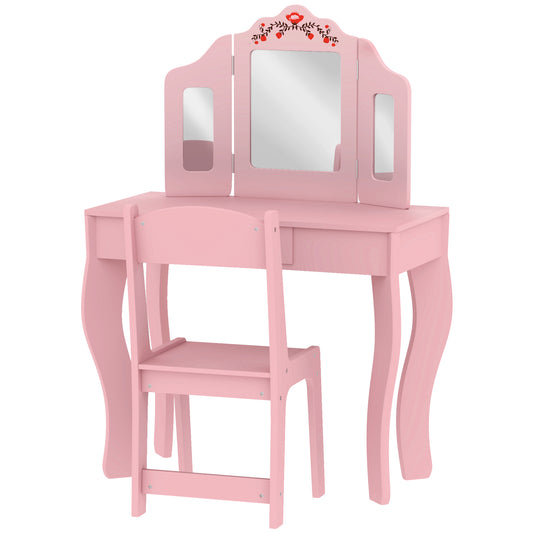 Kids Vanity Set, Dual-Use Dressing Table with Removable Tri-Folding Mirror and Drawer, for Ages 3-8, Pink Kids Crystal