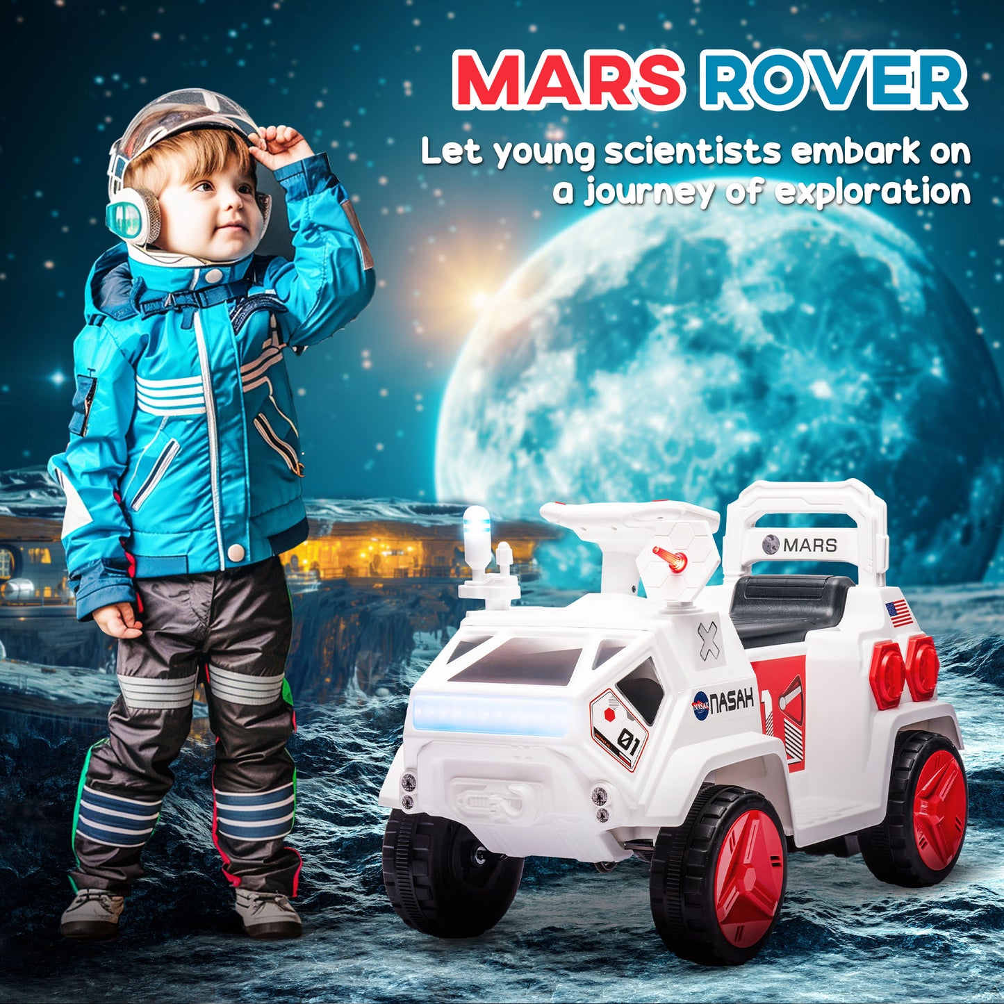 6V Mars Rover Ride On Car for Kids Sounds Lights MP3 Player Electric Toy Vehicle Riding Experience Ages 3-5 White Kids Crystal