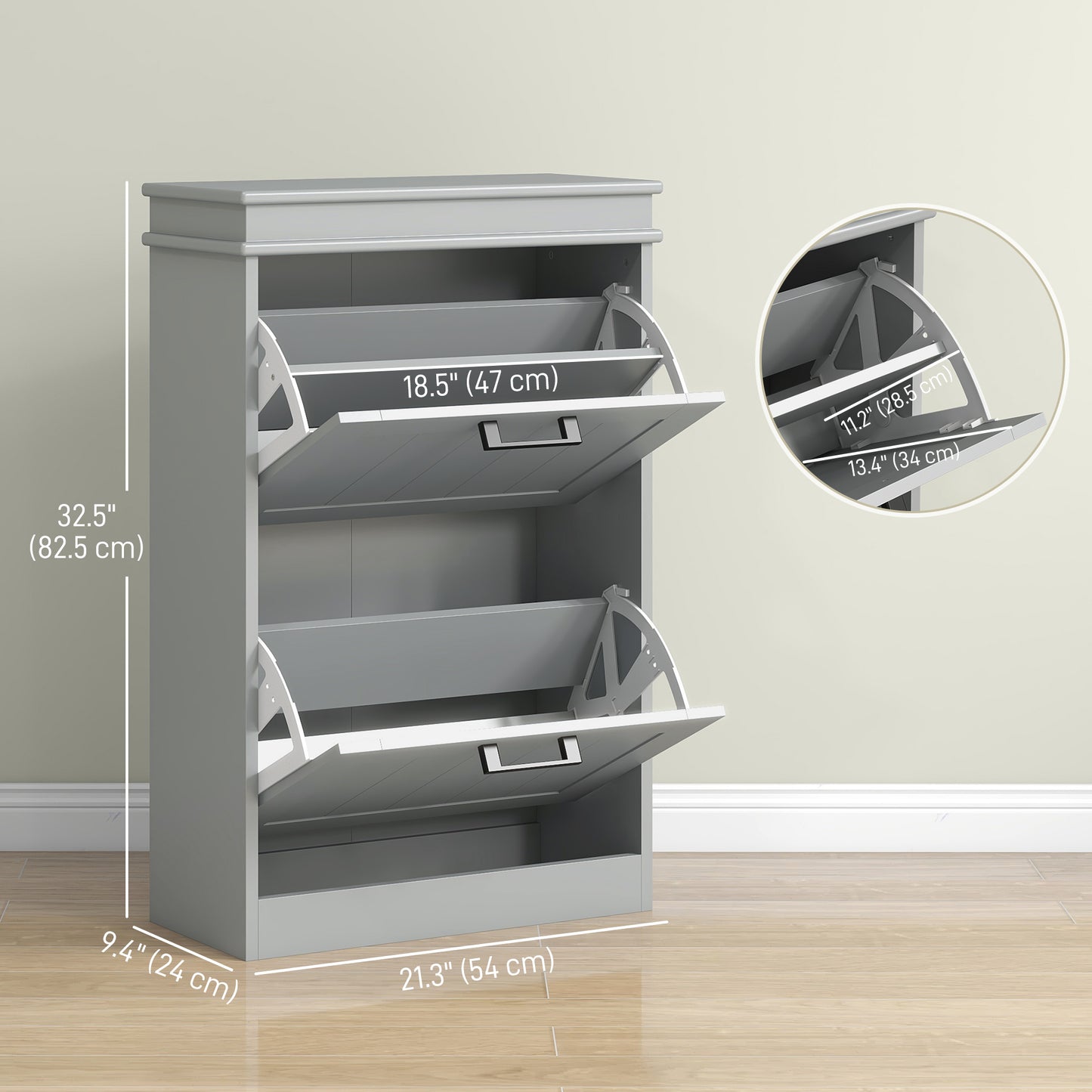 Shoe Storage Cabinet with 2 Flip Drawers and Adjustable Shelves, Narrow Shoe Cabinet for 10 Pairs of Shoes, Grey Kids Crystal