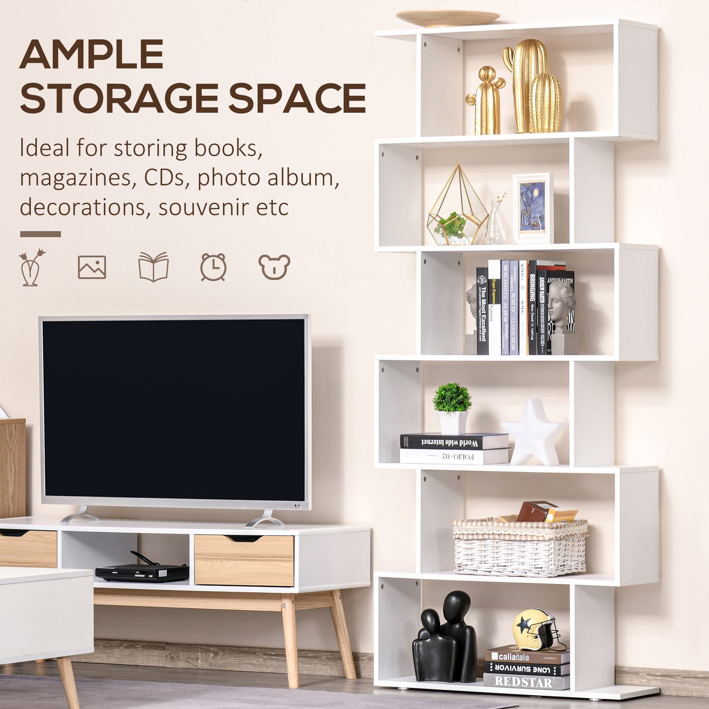 Curvaceous Storage: 6-Tier S-Shape Wooden Bookcase Display Divider Unit for Home Office, White Finish Kids Crystal