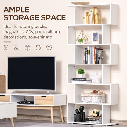 Curvaceous Storage: 6-Tier S-Shape Wooden Bookcase Display Divider Unit for Home Office, White Finish