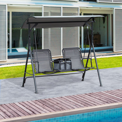 2-Person Patio Swing Chair Covered Porch Swing with Pivot Storage Table, Cup Holder, & Adjustable Overhead Canopy, Grey
