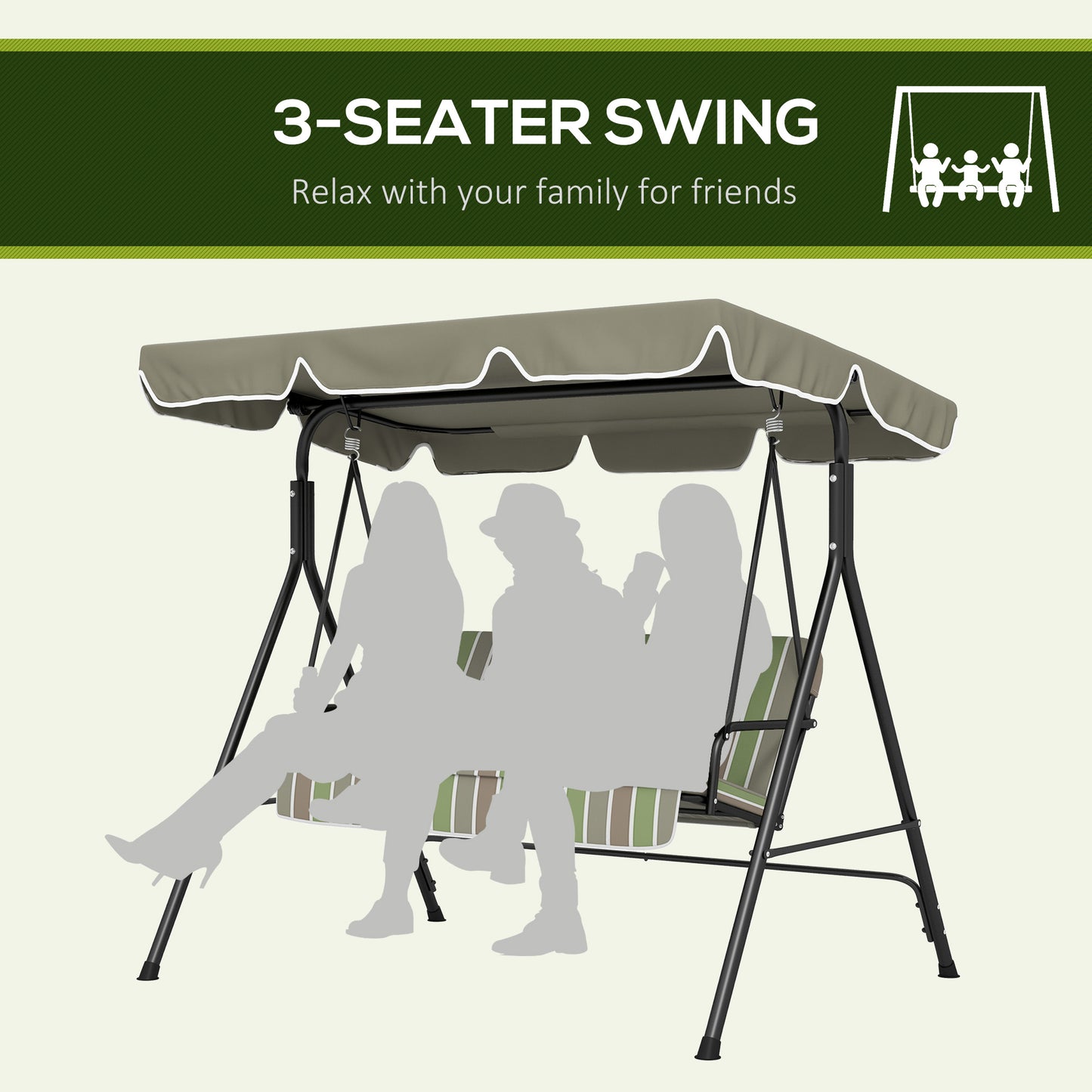 3-Seater Porch Swing with Adjustable Canopy - Outdoor Patio Swing Chair, Garden, Poolside, Green/Brown Kids Crystal