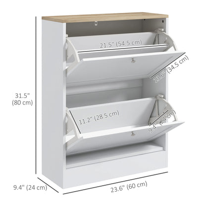 Slim Shoe Storage Cabinet, Modern Shoe Cabinet with 2 Flip Drawers and Adjustable Shelves for 12 Pairs, White