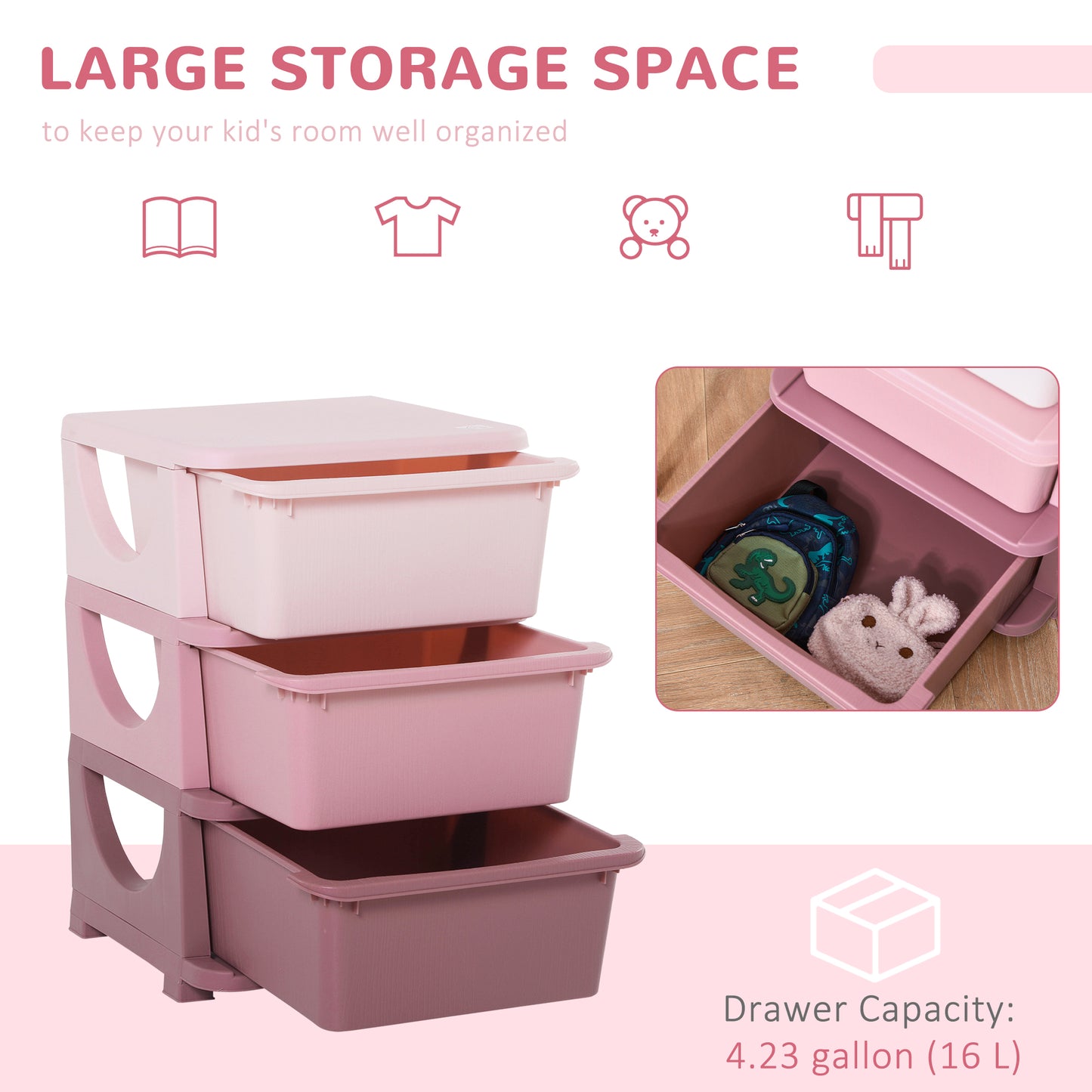 3 Tier Kids Toy Organizer and Storage Bins with 3 Plastic Drawers, Pink Kids Crystal
