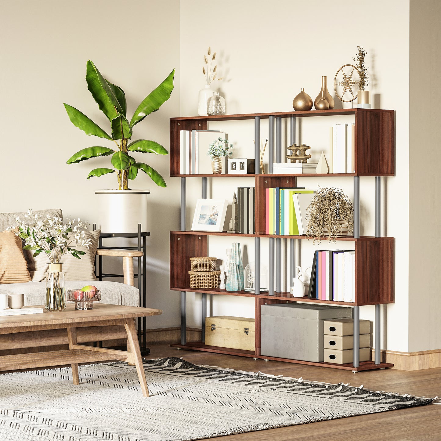 5-Tier Z-Shape Bookcase: Wooden Shelves with Metal Frame for Living Room, Bedroom, Office, Walnut Kids Crystal