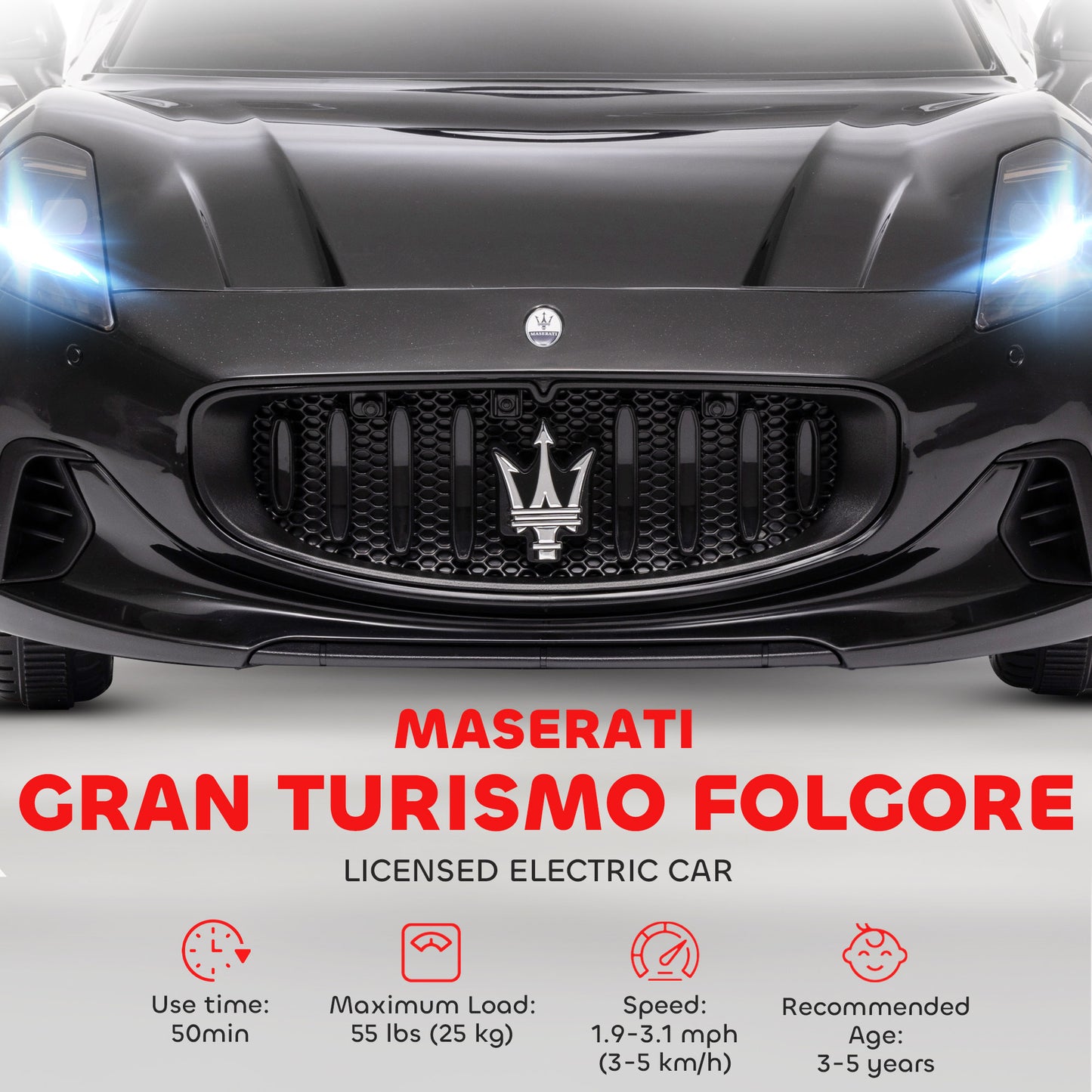 12V Maserati Gran Turismo Licensed Kids Electric Car w/ Remote Control, Soft Start, LED Lights, Music, Horn, MP3, Black Kids Crystal