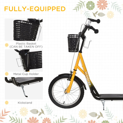Kick Scooter with Adjustable Handlebar, Kids Scooter with 2 Brakes Basket Cupholder 16" Inflatable Rubber Tyres Orange