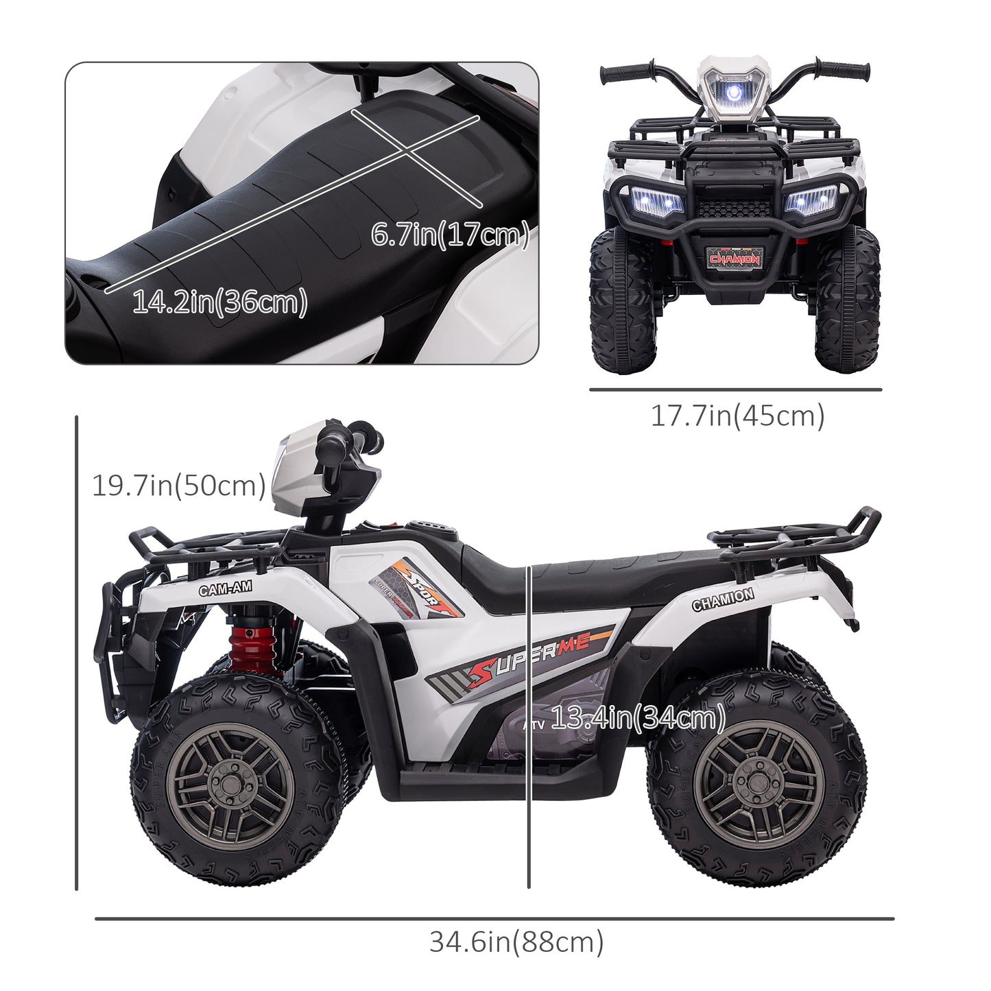 Kids ATV: 12V, 4 Wheeler Quad, Battery Powered, Music, LED Lights, Treaded Tires, 3-5 Years, White Kids Crystal