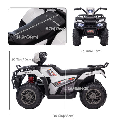 Kids ATV: 12V, 4 Wheeler Quad, Battery Powered, Music, LED Lights, Treaded Tires, 3-5 Years, White
