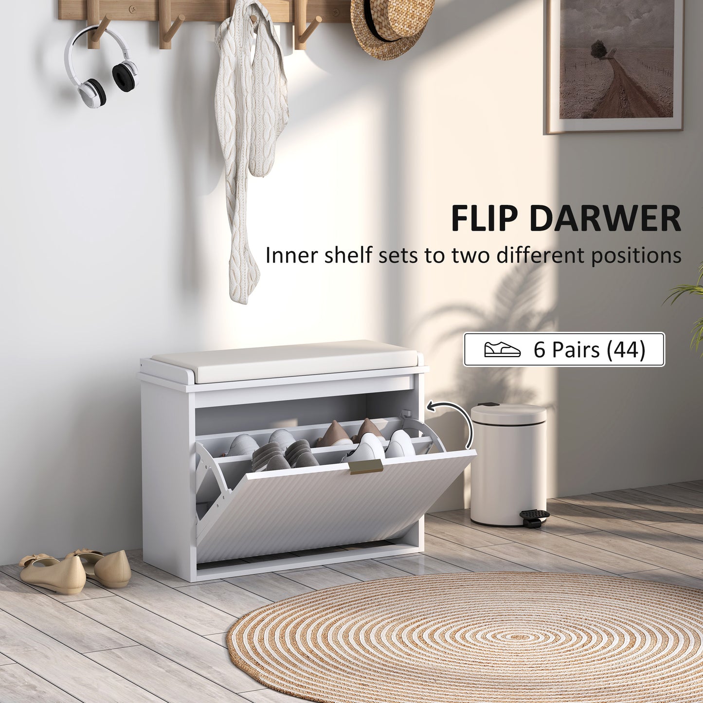 Entryway Bench with Padded Seat and Flip-Drawers, Holds up to 265lbs, Shoe Storage Bench for 6 Pairs of Shoes, White Kids Crystal