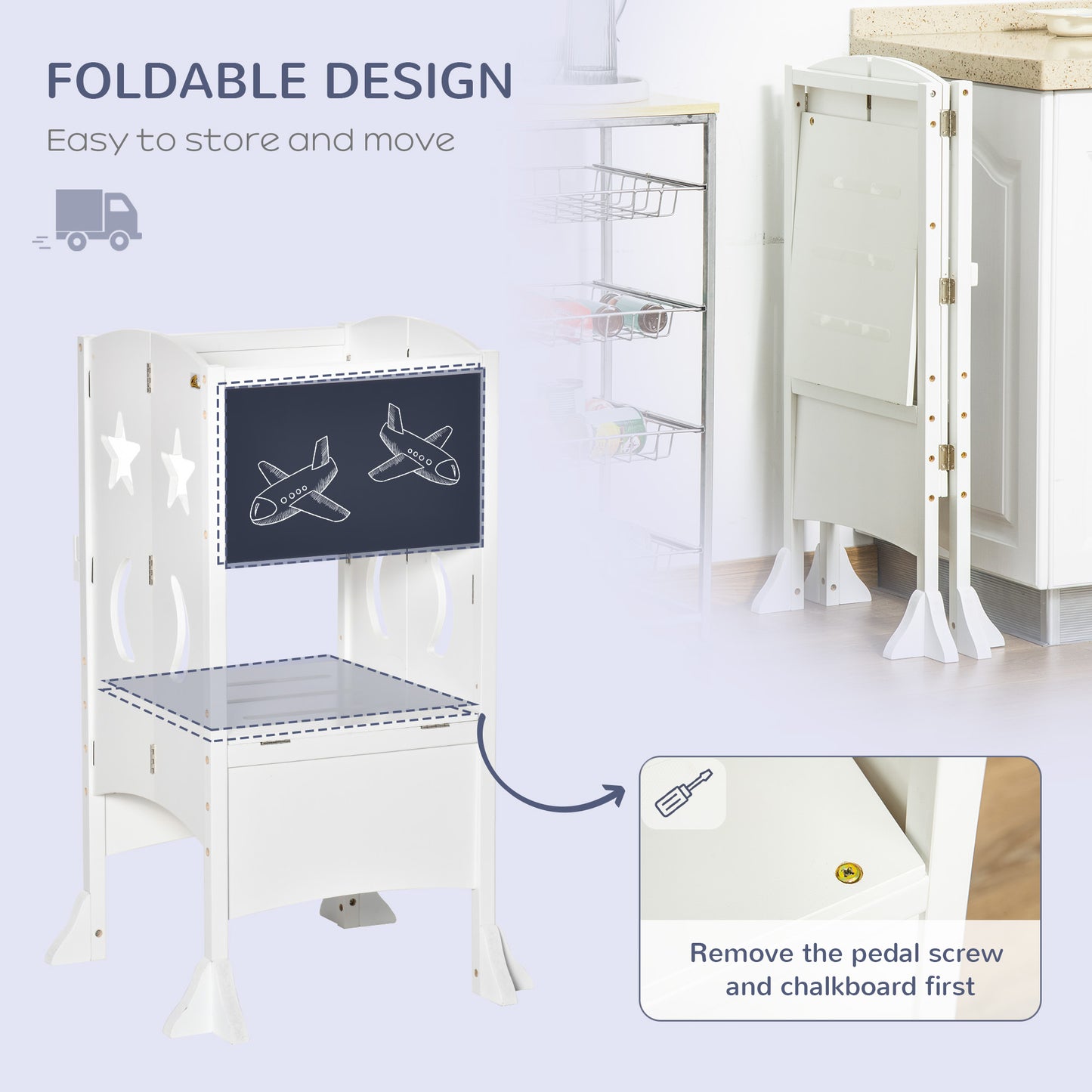 Foldable Toddler Kitchen Stool with Blackboard & Safety Handrail in White for Ages 3-6