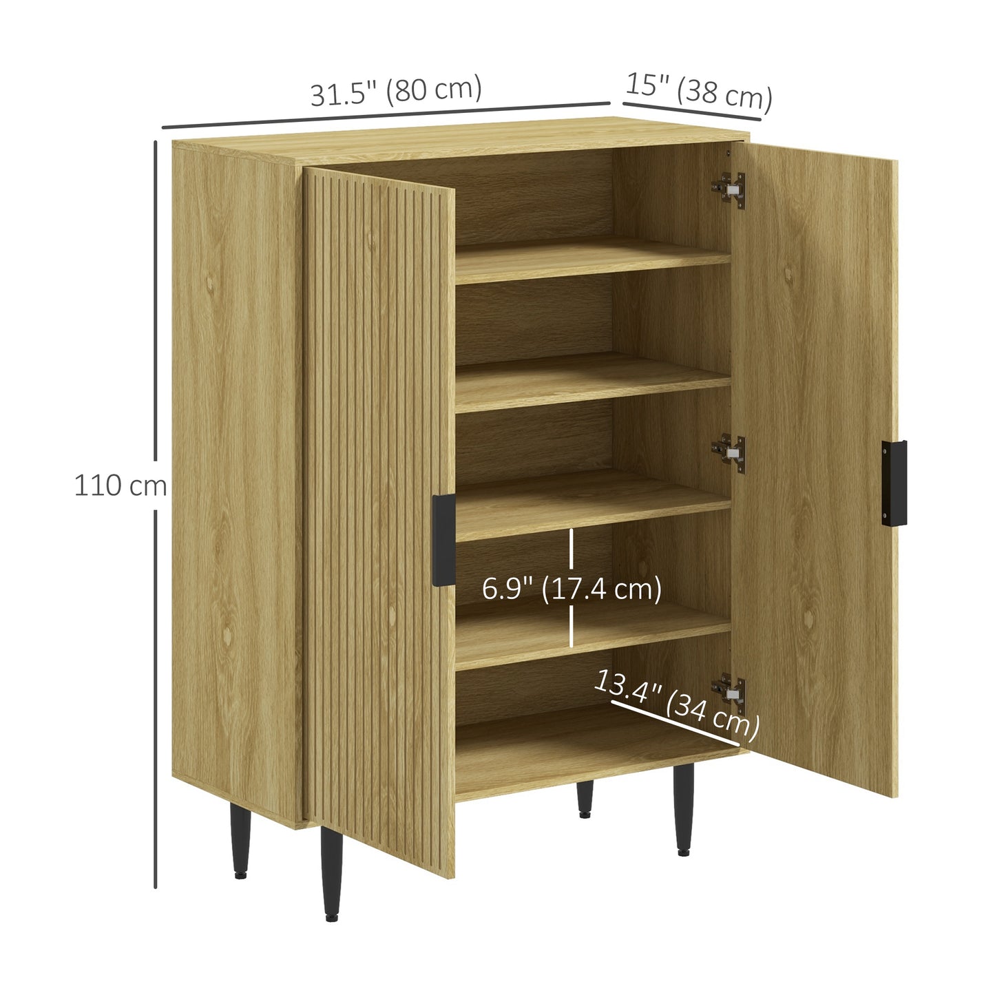 Entryway Shoe Storage Cabinet 5-Tier Shelving Adjustable Shelves for 15 Pairs Oak Kids Crystal