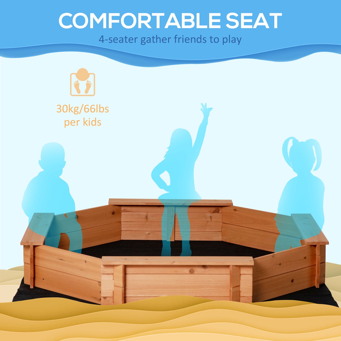 Kids Wooden Octagon Sandbox, Outdoor Children Playset for Backyard, with polyester Cover, 55"x55"x8.5" Red Kids Crystal