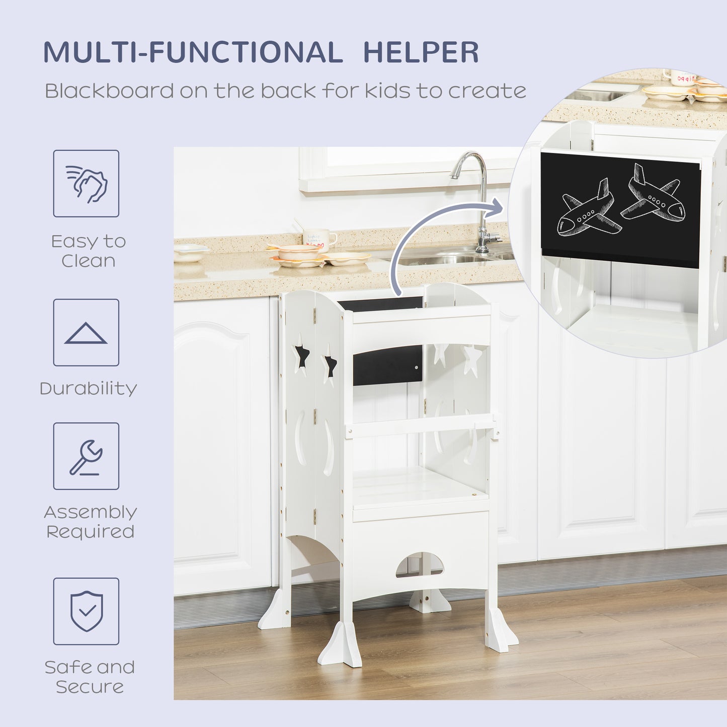Foldable Toddler Kitchen Stool with Blackboard & Safety Handrail in White for Ages 3-6