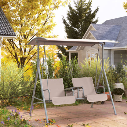 Double Outdoor Swing Chair 2 Person Covered Swing Porch Swing w/ Pivot Table and Storage Console, Beige