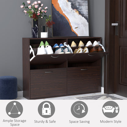 Wooden Shoe Storage Cabinet with 4 Flip Down Drawers, Entryway Shoe Shelf Organizer in Rich Brown
