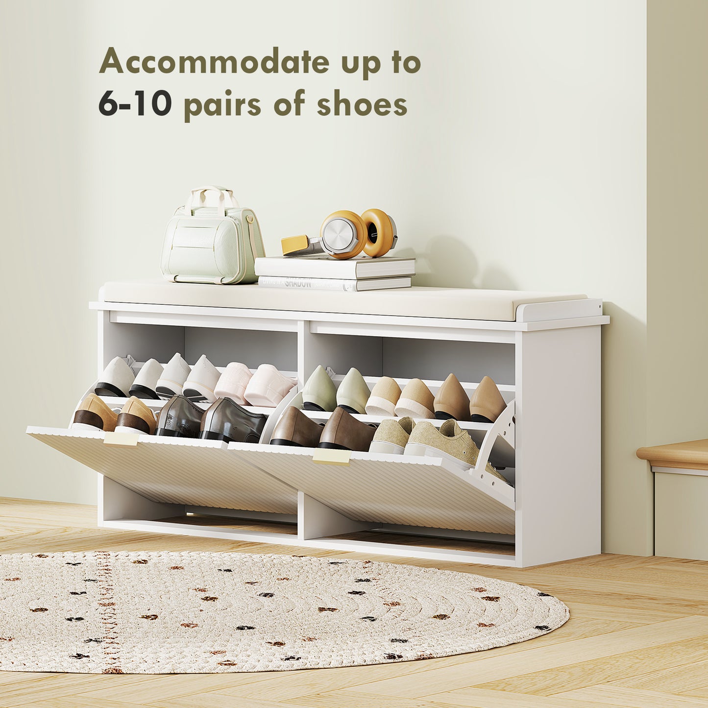 Entryway Bench with Padded Seat and Flip-Drawers, Holds up to 529lbs, Shoe Storage Bench for 10 Pairs of Shoes, White Kids Crystal