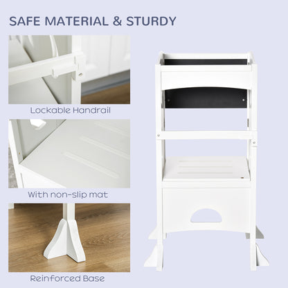 Foldable Toddler Kitchen Stool with Blackboard & Safety Handrail in White for Ages 3-6