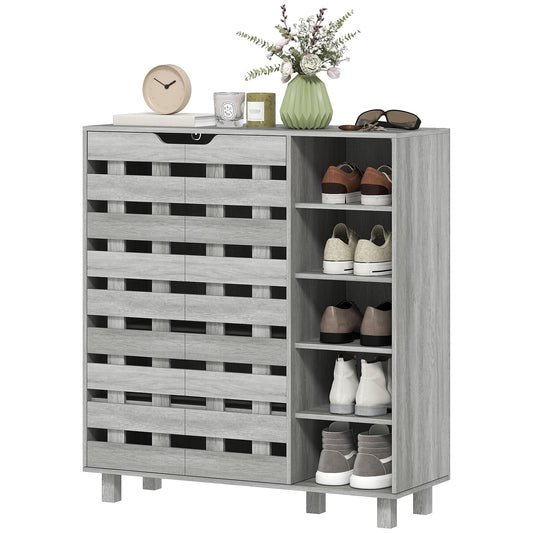 Shoe Cabinet, 21 Pair Shoe Storage Cabinet Organizer with 5-tier Double Door Cabinet and 5-tier Open Shelves, Light Grey Kids Crystal
