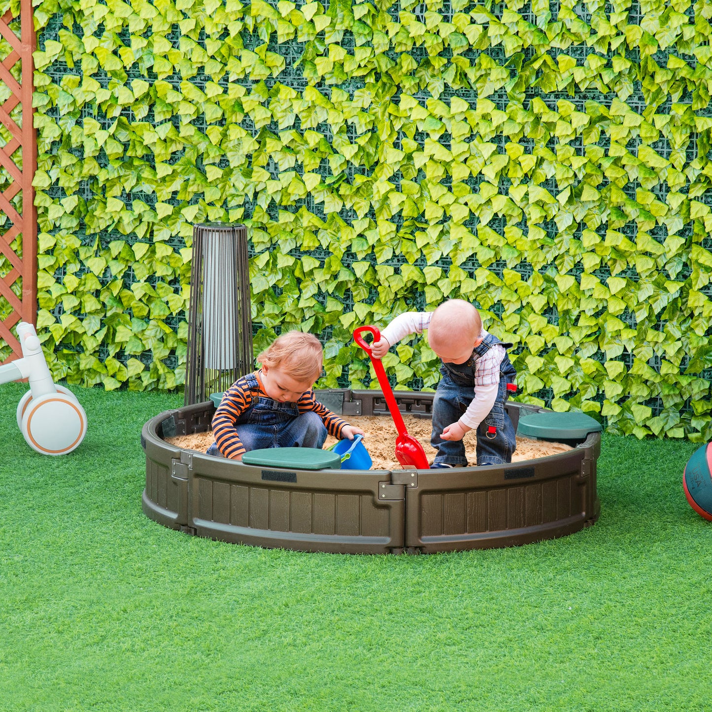 Round Sandbox for Kids Outdoor Play with Waterproof Canopy Bottom Liner Childrens Garden Playset Brown Kids Crystal
