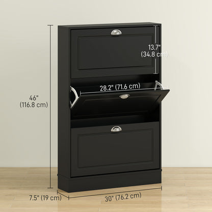 Shoe Cabinet with 3 Flip Drawers, Narrow Shoe Storage Cabinet, Holds 12 Pairs for Entryway, Hallway, Black