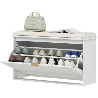 Entryway Bench with Padded Seat and Flip-Drawers, Holds up to 265lbs, Shoe Storage Bench for 8 Pairs of Shoes, White