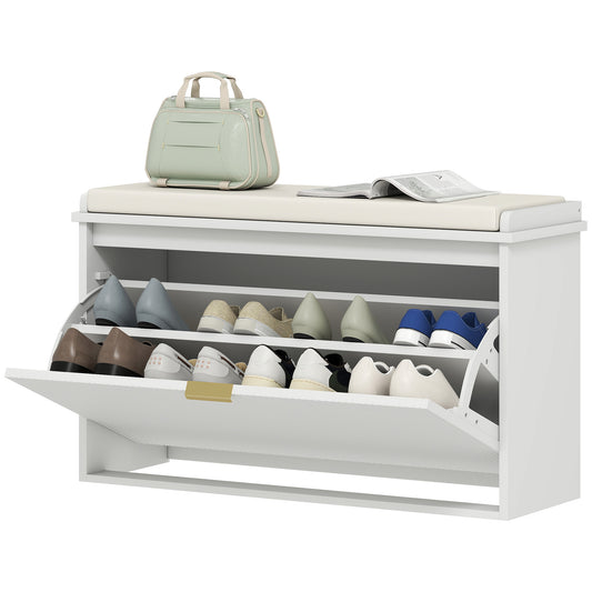 Entryway Bench with Padded Seat and Flip-Drawers, Holds up to 265lbs, Shoe Storage Bench for 8 Pairs of Shoes, White Kids Crystal