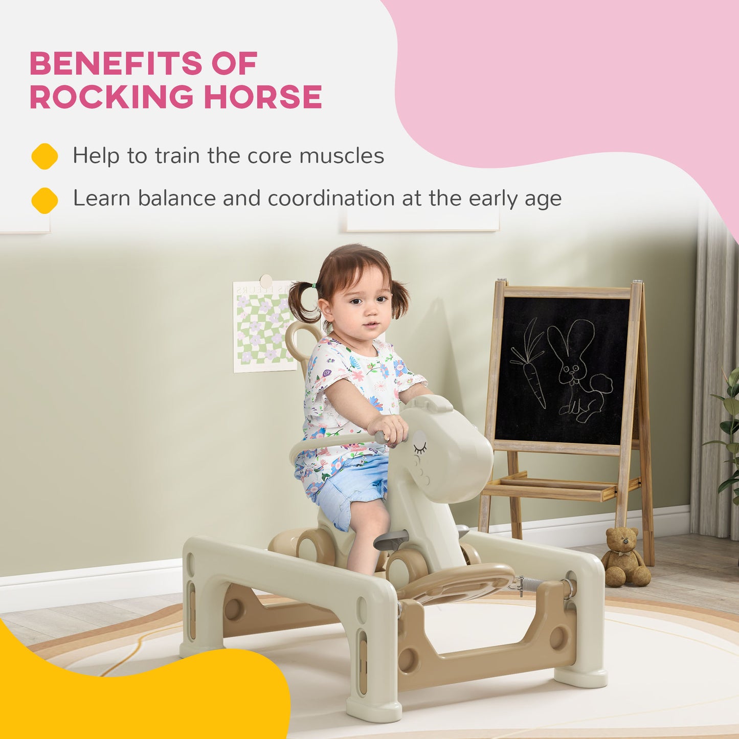 5 in 1 Rocking Horse for Toddlers 1-6 Years with Balance Board, Push Handle, 4 Smooth Wheels Kids Crystal