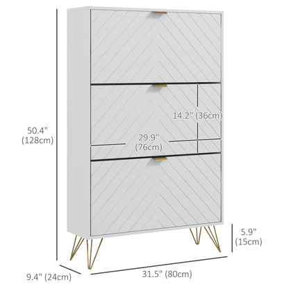 Shoe Sanctuary: Modern White Cabinet with 3 Flip Drawers, 8 Vents, Narrow Design for 18 Pairs, Entryway Organizer