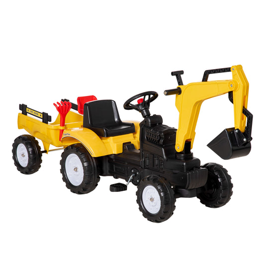 Yellow Ride-On Pedal Digger Construction Car with Horn Detachable Trailer Kids Toy Vehicle Kids Crystal