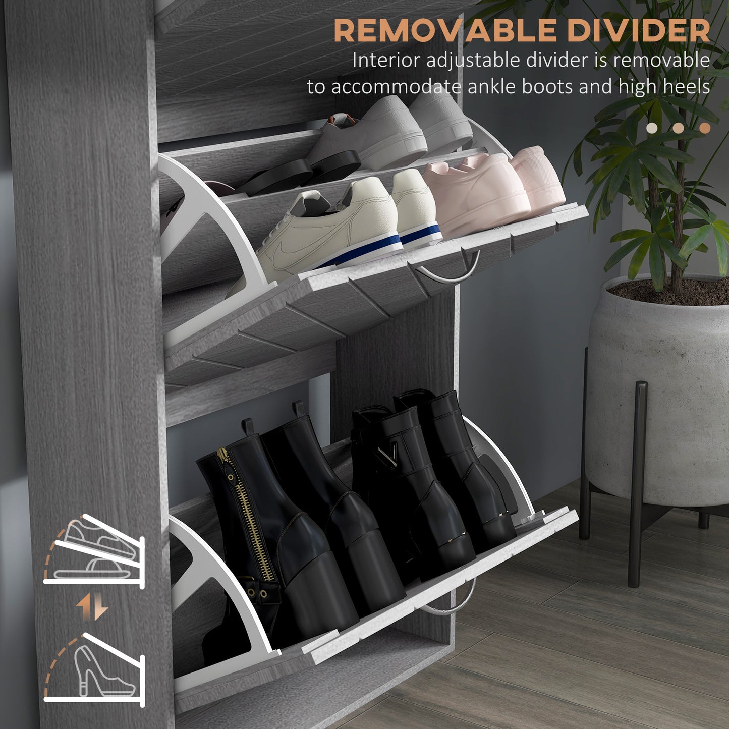 Narrow Shoe Storage Cabinet: 3 Flip Drawers, Slim Design, 12 Pair Organizer for Hallway, Entryway Kids Crystal