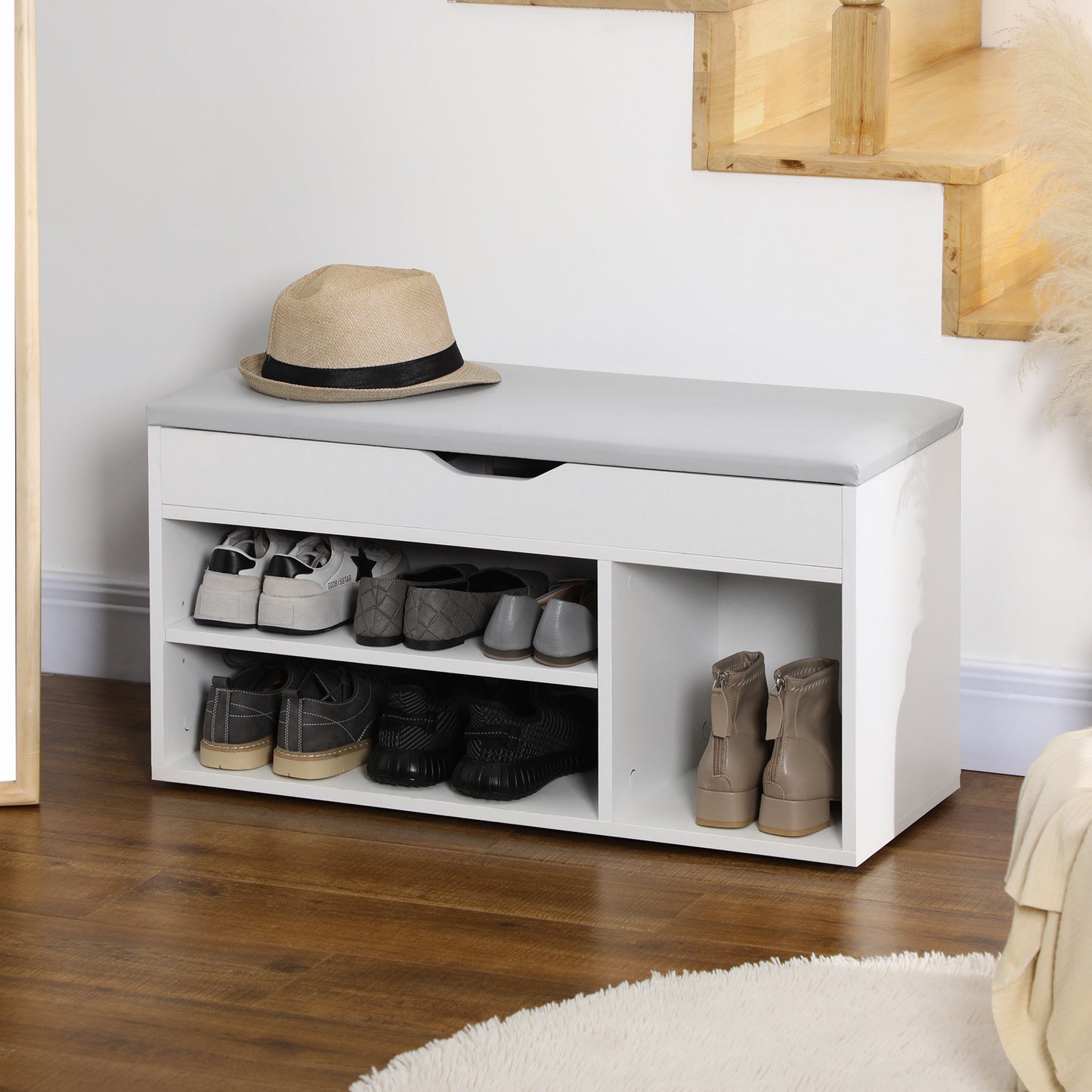 Entryway Shoe Serenity: Bench Rack Organizer with Cushioned PU Cover for Hallway, Bedroom, Living Room, White/Grey Kids Crystal